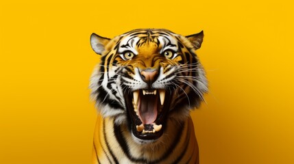 A very aggressive tiger with its eyes and mouth wide open on a yellow background