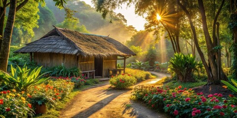 Fototapeta premium Serene Sunrise Illuminates Rustic Bamboo Hut Nestled Amongst Vibrant Blossoms and Lush Greenery on a Gentle Path