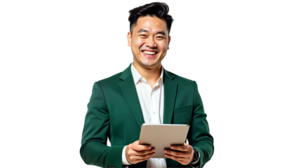 Smiling businessman portrait holding tablet for work, isolated on transparent background. Professional studio shot for corporate website, marketing, presentations, and advertising.