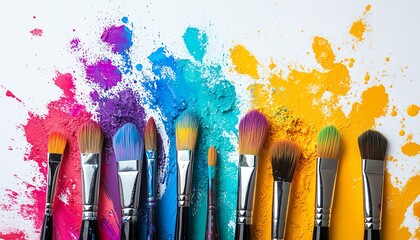 Artistic composition of colorful painting brushes on a white background, paint splatters in vibrant colors radiating outwards, variety of brush types and artistic color explosions