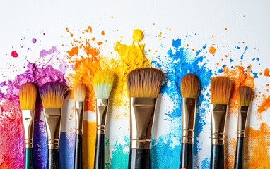 Colorful painting brushes arranged on a white background, vibrant paint splatters, variety of brush types and colors, dynamic color splashes radiating outwards, creative art design