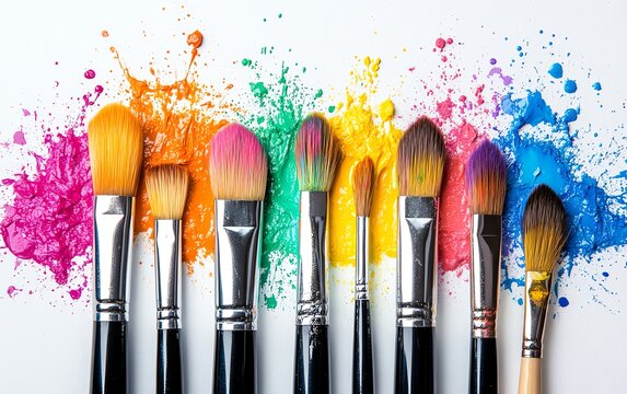 Colorful paintbrushes arranged on a white background
