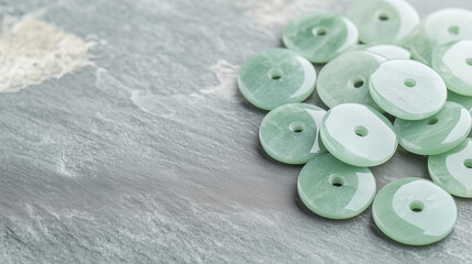 Jade Discs on Slate: A collection of smooth, pale green jade discs are artfully arranged on a textured grey slate surface, creating a serene and minimalist composition.