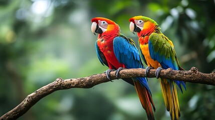 Beautiful parrots perched on a rainforest tree branch