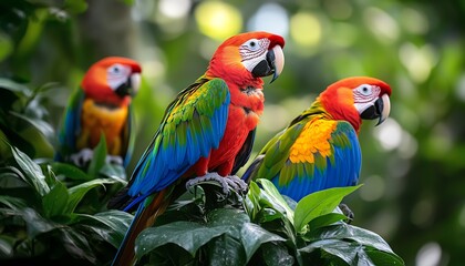 Brightly colored parrots perched in a dense rainforest, exotic wildlife scene with lush green foliage, vibrant blue, red, green, and orange feathers, tropical nature setting