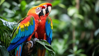 Obraz premium Brightly colored parrots perched in a dense rainforest, exotic wildlife scene with lush green foliage, vibrant blue, red, green, and orange feathers, tropical nature setting