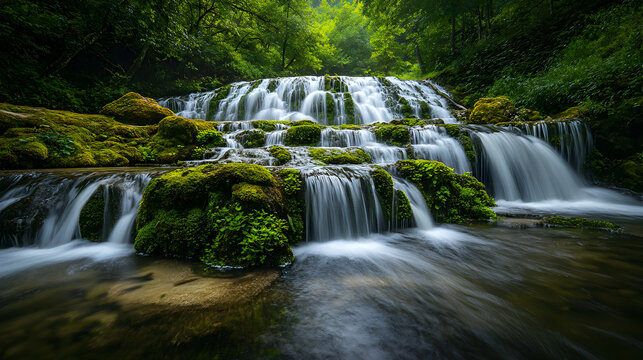 shot of a waterfall cascading over moss-covered rocks with rich color depth 