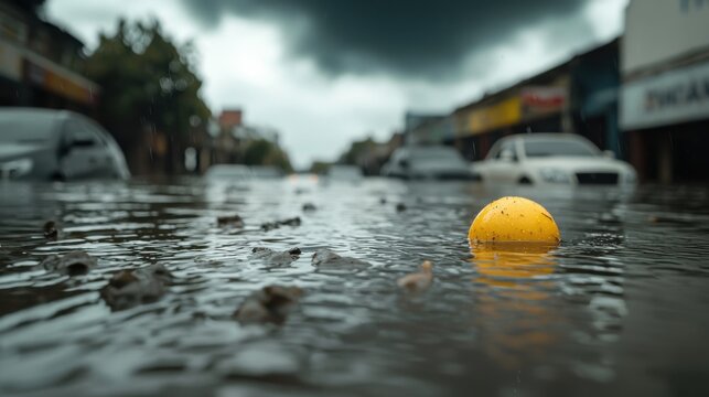 Natural disasters design. Flooded street with a yellow ball floating in murky water.