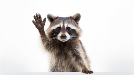 Obraz premium A raccoon waves its paw in greeting on a white background