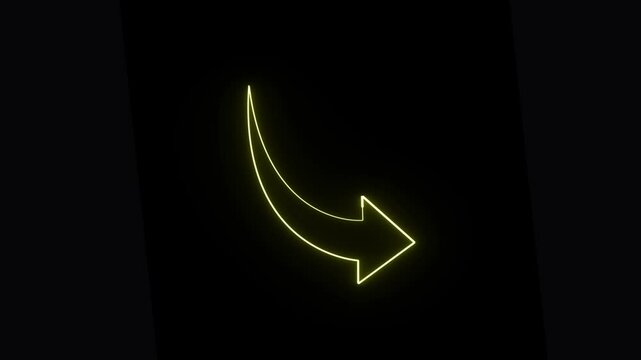 Abstract glowing neon business graph down arrow on black background. Neon business arrow direction.