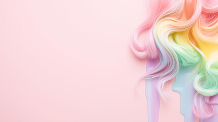 Naklejka premium Rainbow Hair Pastel: A vibrant display of rainbow-colored hair, cascading and melting into a pastel background, creating a dreamy and artistic composition.