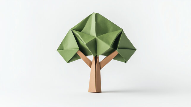 Origami Tree: A meticulously crafted origami tree stands alone, featuring a vibrant green paper canopy and a brown paper trunk, showcasing the art of paper folding and environmental themes.