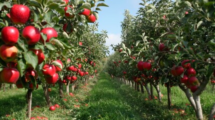 Apple orchard with ripe red apples
