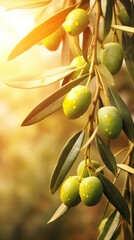 Olive branch with ripe olives illuminated by the sun