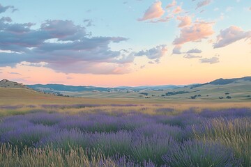 Obraz premium A vibrant lavender field under a pastel sunset sky with rolling hills in the distance