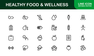 Healthy Food and Wellness Icons Set. Essential Icons for Healthy Eating, Nutrition, and Wellness Lifestyle