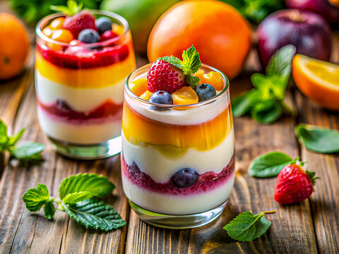 Delicious colorful layered fruit and yogurt smoothie. Tasty food background - Powered by Adobe