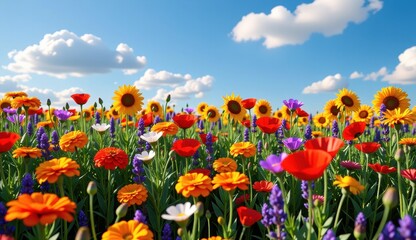 Vibrant wildflower meadow under a full moon glowing in an evening sky with colorful clouds