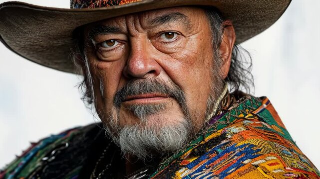 Portrait of a mature man in a cowboy hat wearing a colorful patterned jacket against a neutral background