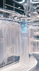 Fototapeta premium Modern retail display showcasing elegant white garments in a sleek, illuminated store