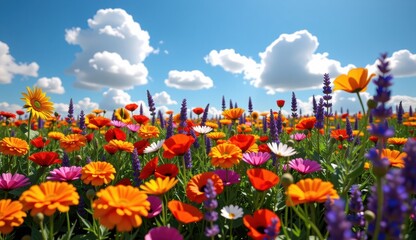 Vibrant wildflower meadow under a full moon glowing in an evening sky with colorful clouds