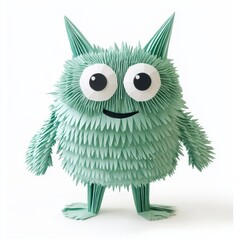 Cute paper monster with origami folds, fuzzy paper texture, big eyes, friendly expression, isolated on white