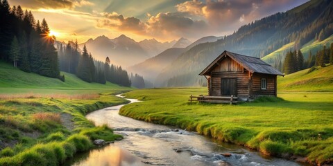Serene mountain valley sunset scene with a rustic wooden cabin beside a gently flowing stream