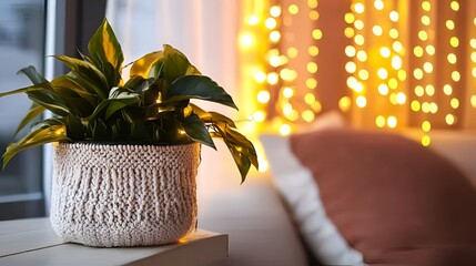 Knitted plant pot on windowsill with warm lights, cozy bedroom scene, interior decor
