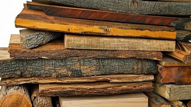 Various types of wood stacked in a neat arrangement showcasing different textures and colors