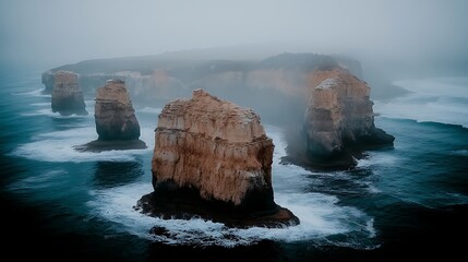 Majestic rock formations surrounded by misty ocean waves, showcasing nature's beauty and tranquility