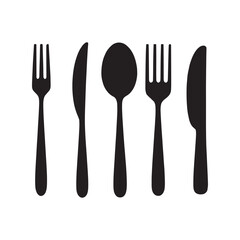 cutlery - fork, knife, spoon, teaspoon silhouette shape, set of black and white vector illustration, white background