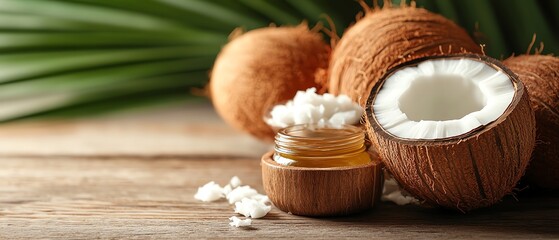 Coconuts and coconut oil on wooden surface, natural beauty and care products, healthy eating concept with organic tropical fruit, wellness and selfcare scene, wooden background