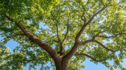 Giant Oak's Canopy: A majestic oak tree, its expansive canopy of vibrant green leaves reaching towards a clear blue sky, exemplifies nature's grandeur and the serenity of the outdoors.