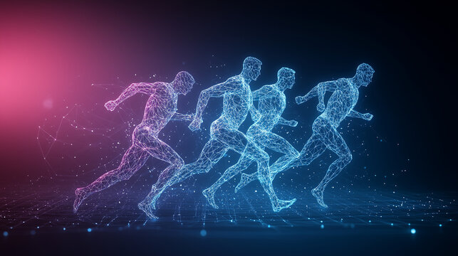 Speed of Innovation: A dynamic depiction of digital runners, rendered in an ethereal display of interconnected points and lines, representing speed and the pursuit of excellence in the digital age.