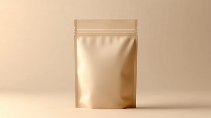 A premium kraft paper pouch with a resealable top, warm earthy tones and a fine-textured surface, placed on a solid neutral background