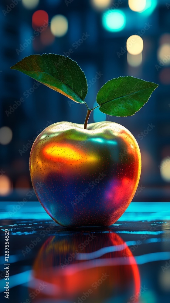 Poster glowing apple with vibrant colors and green leaves against bokeh lights, reflecting on a glossy surf
