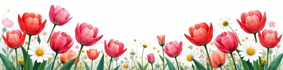 Fototapeta premium Vibrant watercolor painting of blooming tulips and daisies, artistic, garden, botanical