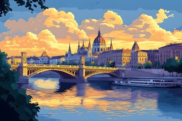 Naklejka premium Ancient buildings and bridges in Budapest under the sunset