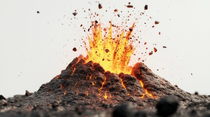 Volcanic eruption with flying lava and ash under a clear sky, explosive energy. Natural disaster and geological phenomenon concept
