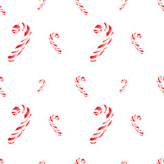 Watercolor illustration of a Christmas lollipop. Seamless pattern is hand-made on an isolated background. Drawing for photo wallpaper, stickers, scrapbooking, fabric