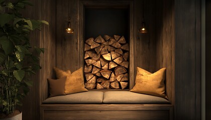 Peaceful Rustic Corner Nook with Firewood Stack and Soft Golden Earth Tones
