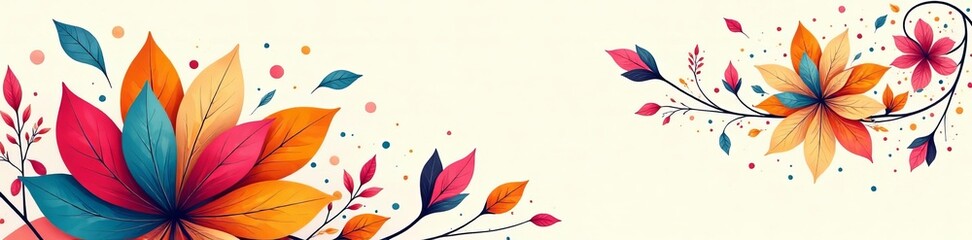 Vintage-style abstract floral design with colorful petals and swirling shapes on white backdrop, shapes, abstract, petals