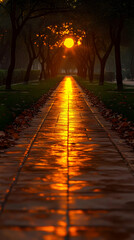 Fototapeta premium Golden Sunset Path Through Wet Alley