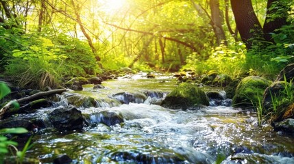 Peaceful spring scene with a flowing water stream surrounded by green forest.

