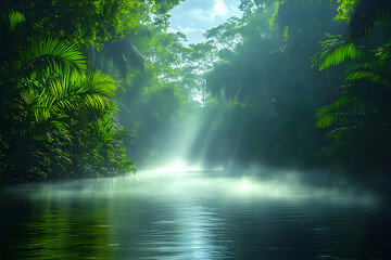 Glowing Sunlight Through Foggy Tropical River