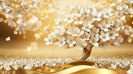 Golden tree with white flowers decorates gold background. Artistic design with 3d effect. Decorative tree, flowers create luxurious look. Elegant floral wallpaper. Luxurious golden tree stands 