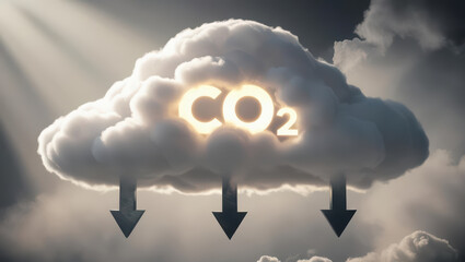 cloud with text CO2 inside and three downward arrows symbolizes carbon emissions reduction