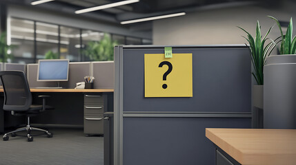 Yellow Question Mark Sticky Note on Gray Cubicle in Modern Office