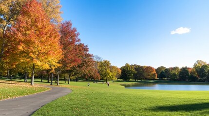 Autumn park path by lake, sunny day