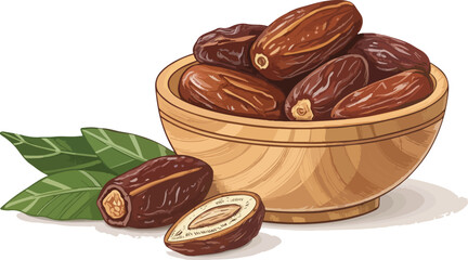 Dates in wooden bowl in white background Illustration vector design